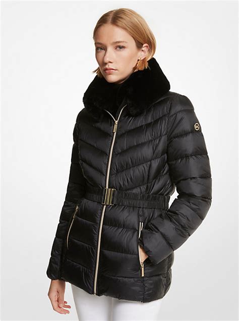 faux fur trim quilted nylon packable puffer jacket michael kors|Faux Fur.